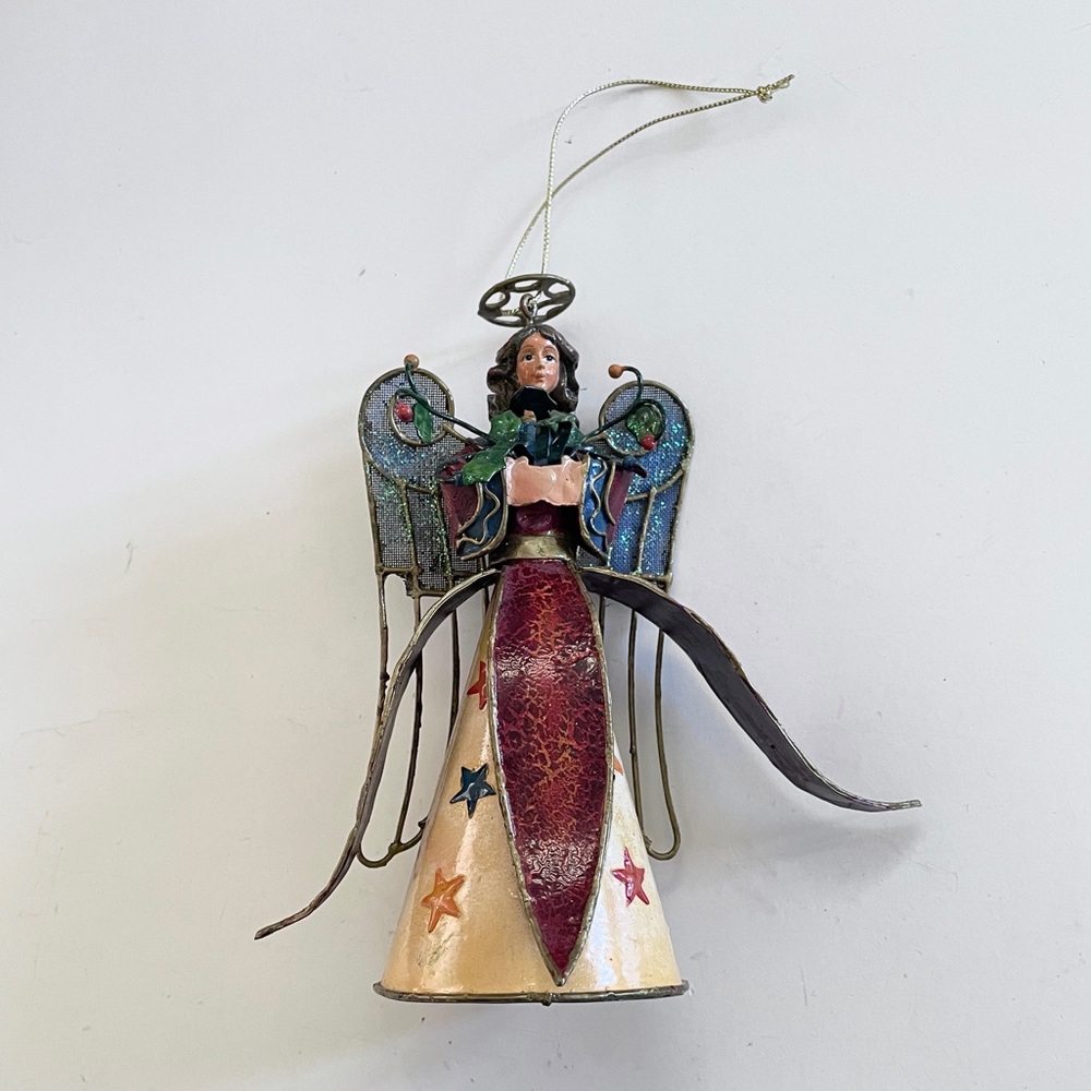 Vintage Metal Folk Art Christmas Angel Ornament Rustic Cottagecore Farmhouse